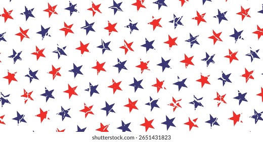 4 de julho Estrelas Grunge Abstract Seamless Pattern, colorido como a bandeira dos EUA. Ilustração vetorial das estrelas Fundo Grunge para comemoração Feriado Dia do Presidente Americano