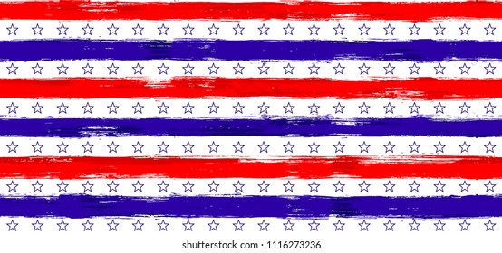 4th July Stars and Stripes Abstract Seamless Pattern in USA Flag Colors. American Independence Day vector of blue red white stars and stripes grunge background for holiday design.