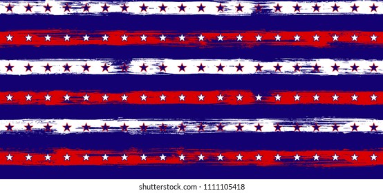 4th July Stars and Stripes Bright Seamless Vector Pattern in USA Flag Colors. American Independence Day vector of blue red white stars and stripes grunge background for holiday banner.