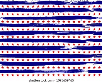 4th of July Stars and Stripes Grunge Abstract Seamless Pattern, colored as USA Flag. Vector Illustration of Stars and Stripes Grunge Background for Celebration Holiday American Independence Day.