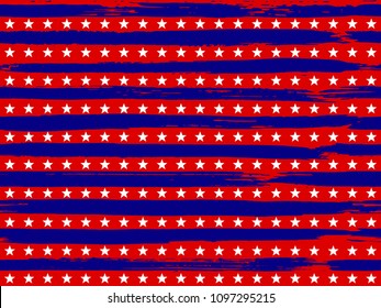 4th of July Stars and Stripes Grunge Abstract Seamless Pattern, colored as USA Flag. Vector Illustration of Stars and Stripes Grunge Background for Celebration American Independence or Memorial Day.