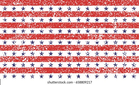 4th of July Stars and Stripes Grunge Abstract Seamless Pattern, colored as USA Flag. Vector Illustration of Stars and Stripes Grunge Background for Celebration Holiday American President Day.