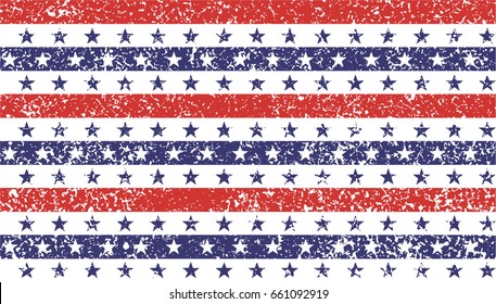 4th of July Stars and Stripes Grunge Abstract Seamless Pattern, colored as USA Flag. Vector Illustration of Stars and Stripes Grunge Background for Celebration Holiday American President Day.