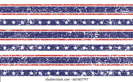 4th of July Stars and Stripes Grunge Abstract Seamless Pattern, colored as USA Flag. Vector Illustration of Stars and Stripes Grunge Background for Celebration Holiday American President Day.