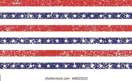 4th of July Stars and Stripes Grunge Abstract Seamless Pattern, colored as USA Flag. Vector Illustration of Stars and Stripes Grunge Background for Celebration Holiday American President Day.