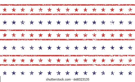 4th of July Stars and Stripes Grunge Abstract Seamless Pattern, colored as USA Flag. Vector Illustration of Stars and Stripes Grunge Background for Celebration Holiday American President Day.