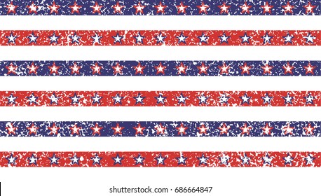 4th of July Stars and Stripes Grunge Abstract Seamless Pattern, colored as USA Flag. Vector Illustration of Stars and Stripes Grunge Background for Celebration Holiday American President Day.