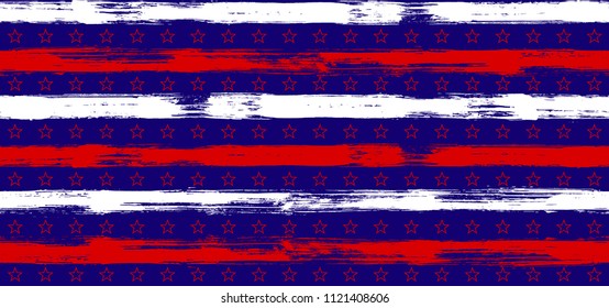 4th July Stars and Stripes Hipster Seamless Pattern in USA Flag Colors. American Independence Day vector of blue red white stars and stripes grunge background for holiday design.