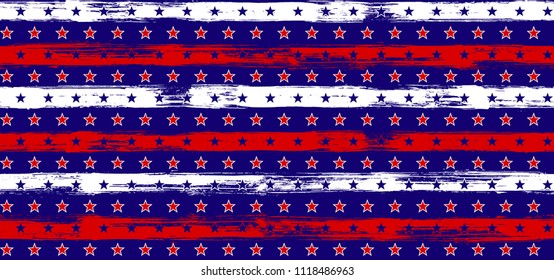 4th July Stars and Stripes National Seamless Vector Pattern in USA Flag Colors. American Independence Day vector of blue red white stars and stripes grunge background for holiday poster.