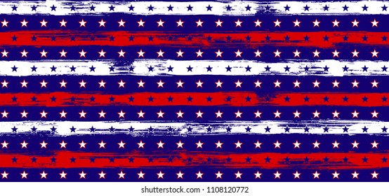 4th July Stars and Stripes Retro Seamless Pattern in USA Flag Colors. American Independence Day vector of blue red white stars and stripes grunge background for holiday poster.