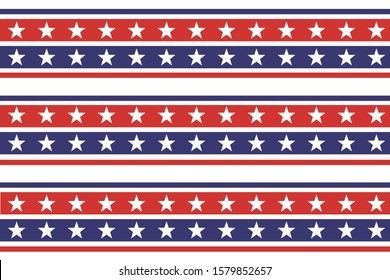 4th of July Stars and Stripes Seamless Pattern, colored as USA Flag. Vector Illustration of Stars Grunge Background for Celebration Holiday American President Day, Memorial Day