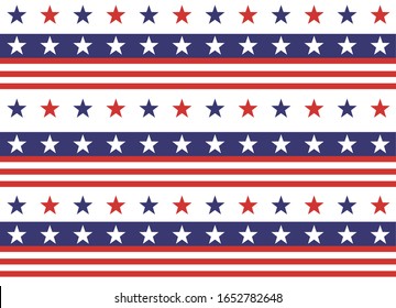 4th of July Stars and Stripes Seamless Pattern, colored as USA Flag. Vector Illustration of Stars America Background for Celebration Holiday American President Day, memorial day