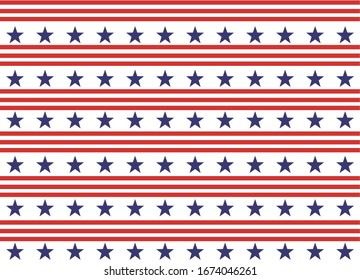 4th of July Stars and Stripes Seamless Pattern, colored as USA Flag. Vector Illustration of Stars America Background for Celebration Holiday American President Day, memorial day