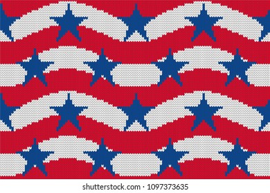 4th of July stars and stripes USA knitted Flag seamless pattern. Vector Illustration of Stars and Stripes Background for celebration holiday American President Day. Independence Day backdrop