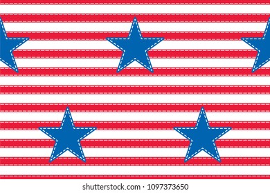 4th of July stars and stripes USA sewn Flag with stitching and applique. Vector Illustration of Stars and Stripes Background for celebration holiday American President Day. Independence Day backdrop