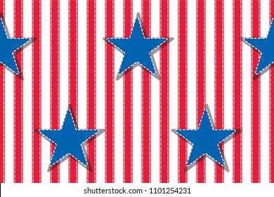 4th of July stars and stripes USA sewn Flag with stitching and applique. Vector Illustration of Stars and Stripes Background for celebration holiday American President Day. Independence Day backdrop