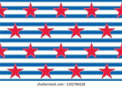 4th of July stars and stripes USA sewn Flag with stitching and applique. Vector Illustration of Stars and Stripes Background for celebration holiday American President Day. Independence Day backdrop