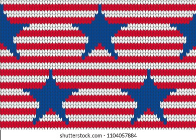 4th of July stars and stripes USA knitted Flag seamless pattern. Vector Illustration of Stars and Stripes Background for celebration holiday American President Day. Independence Day backdrop