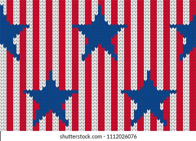 4th of July stars and stripes USA knitted Flag seamless pattern. Vector Illustration of Stars and Stripes Background for celebration holiday American President Day. Independence Day backdrop