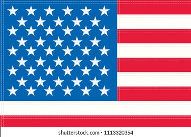 4th of July stars and stripes USA sewn Flag with stitching and embroidery. Vector Illustration of Stars and Stripes Background for celebration holiday American President Day. Independence Day backdrop