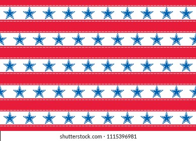 4th of July stars and stripes USA sewn Flag with stitching and applique. Vector Illustration of Stars and Stripes Background for celebration holiday American President Day. Independence Day backdrop