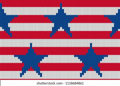 4th of July stars and stripes USA knitted Flag seamless pattern. Vector Illustration of Stars and Stripes Background for celebration holiday American President Day. Independence Day backdrop