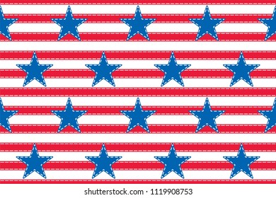 4th of July stars and stripes USA sewn Flag with stitching and applique. Vector Illustration of Stars and Stripes Background for celebration holiday American President Day. Independence Day backdrop
