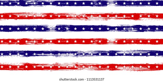4th July Stars and Stripes Vintage Seamless Vector Pattern in USA Flag Colors. American Independence Day vector of blue red white stars and stripes grunge background for holiday banner.