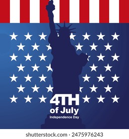 4th of July with Statue of Liberty silhouette on USA red white blue flag ribbon background