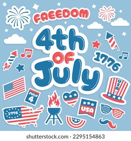 4th of july sticker set. Independence day celebration vector collection. Isolated on blue background.