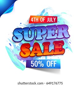 4th of July, Super Sale with 50% Discount Offer. Creative poster, banner or flyer design with curled corner.