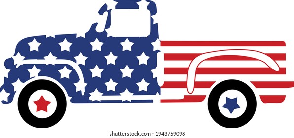 4th of July Svg vector Illustration isolated on white background. Independence day party decor. 4th of July truck with stars and stripes. Vintage truck Independence day for scrapbooking, card, shirt. svg