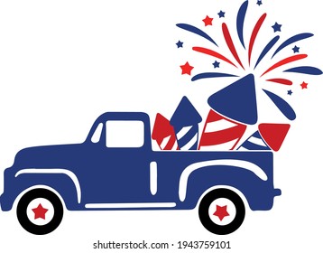 4th of July Svg vector Illustration isolated on white background. Independence day party decor. 4th of July truck with stars and stripes. Vintage truck Independence day for scrapbooking, card, shirt.