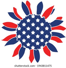 4th of July Svg vector Illustration isolated on white background. Independence day party decor. 4th of July sunflower svg for design shirt and scrapbooking.Red blue and white sunflower with stars.