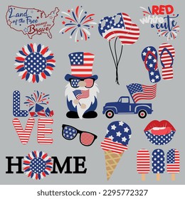 4th of July Svg vector Illustration Bundle. Independence day party decor with stars and stripes. Independence day for scrapbooking, card, shirt. 4 th of July bundle svg
