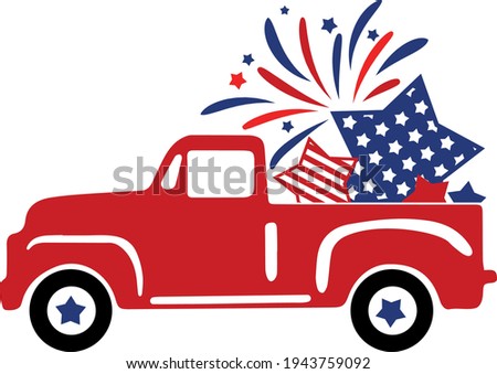 4th of July Svg vector Illustration isolated on white background. Independence day party decor. 4th of July truck with stars and stripes. Vintage truck Independence day for scrapbooking, card, shirt.