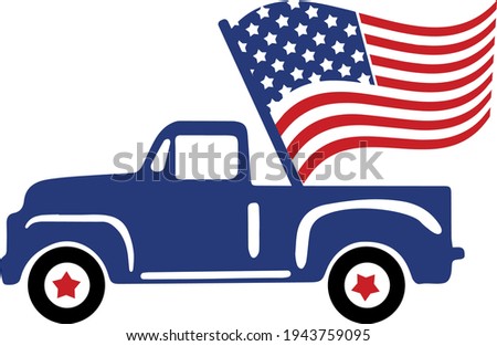 4th of July Svg vector Illustration isolated on white background. Independence day party decor. 4th of July truck with stars and stripes. Vintage truck Independence day for scrapbooking, card, shirt.