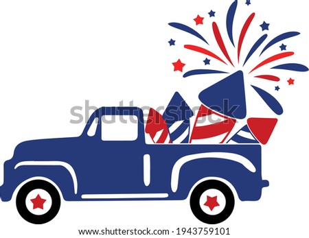 4th of July Svg vector Illustration isolated on white background. Independence day party decor. 4th of July truck with stars and stripes. Vintage truck Independence day for scrapbooking, card, shirt.