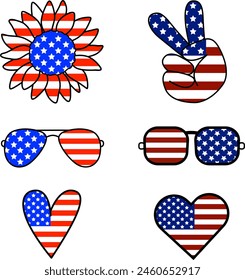 Símbolos del 4 de julio en USA Flag Design. Girasol, Mano, Gafas, Corazones en Estrellas y Rayas. Día de los Caídos. Decoración Patriótica para el Día de la Independencia, Arte vectorial. 4 de Julio América con Amor.