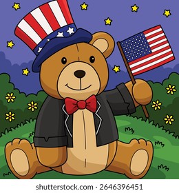 4th of July Teddy Bear US Flag Colored Cartoon 