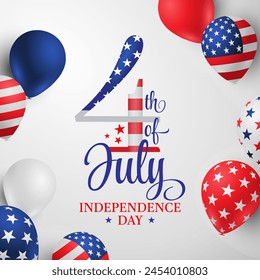4th of July template card with balloons and sign Independence Day in USA
