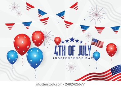 4th of July template. 4th of July Happy Independence Day background design with blue color and red color balloon American flag on white color background. Independence Day banner design. Star.