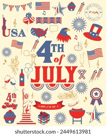 4th Of July Text With Set Of Different Vectors And Icons