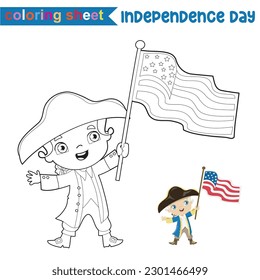 4th of July theme coloring page for kids. Coloring the 1st president of USA George Washington holding the Flag of America. America Independence Day edition. Vector illustrations file.