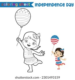 4 de julio, página de coloración temática para niños. Libro de Colores de una linda niña asiático-americana con el pelo puesto y sosteniendo el globo de la bandera estadounidense. Edición del Día de la Independencia de Estados Unidos. Archivo de vector