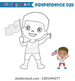 4th of July theme coloring page for kids. Colouring book of a cute little boy waving small the Flag of America.  America Independence Day edition. Vector illustrations file.