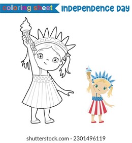 4th of July theme coloring page for kids. Colouring book of a cute little blond girl wearing liberty crown and holding an ice cream. America Independence Day edition. Vector illustrations file.
