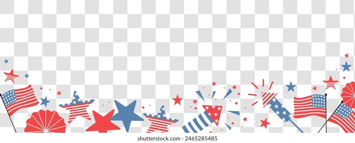 4th July transparent background. Celebration long horizontal border. Handdrawn elements for independence day.