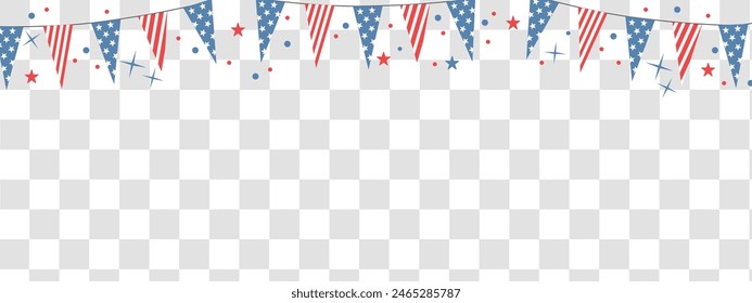 4th July transparent background. Celebration long horizontal border with flags and stars. Handdrawn elements for independence day.