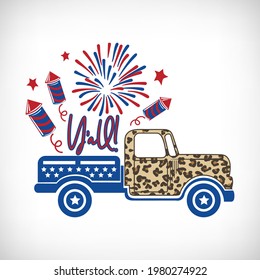 4th of july truck on vignette background. Patriotic design with lettering Y'all, leopard truck and fireworks. Independence day t shirt print, mug, pillow sublimation. Vector illustration.